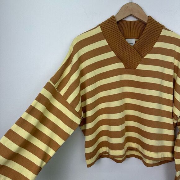 Anthropologie Maeve Women’s Yellow Tan Stripe Cotton Boxy Oversized V-Neck Top - Picture 9 of 11